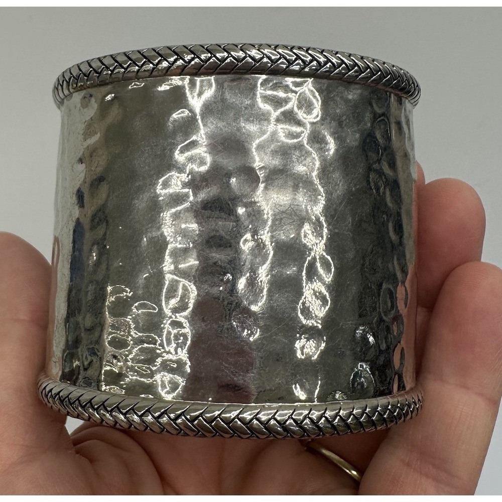 Vintage Silver tone Metal Pressed Hammered Oxidized Cuff Bangle 2.5" Wide Boho